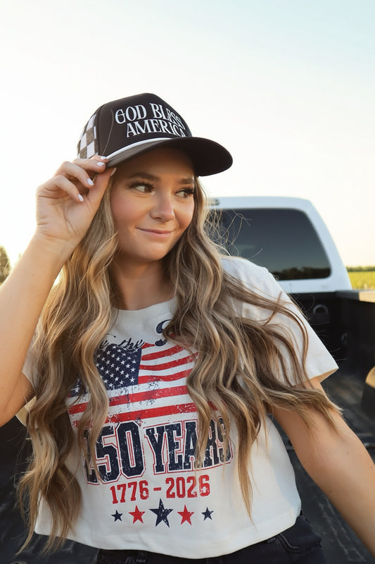 God Bless America Checkered Foam Trucker Hat