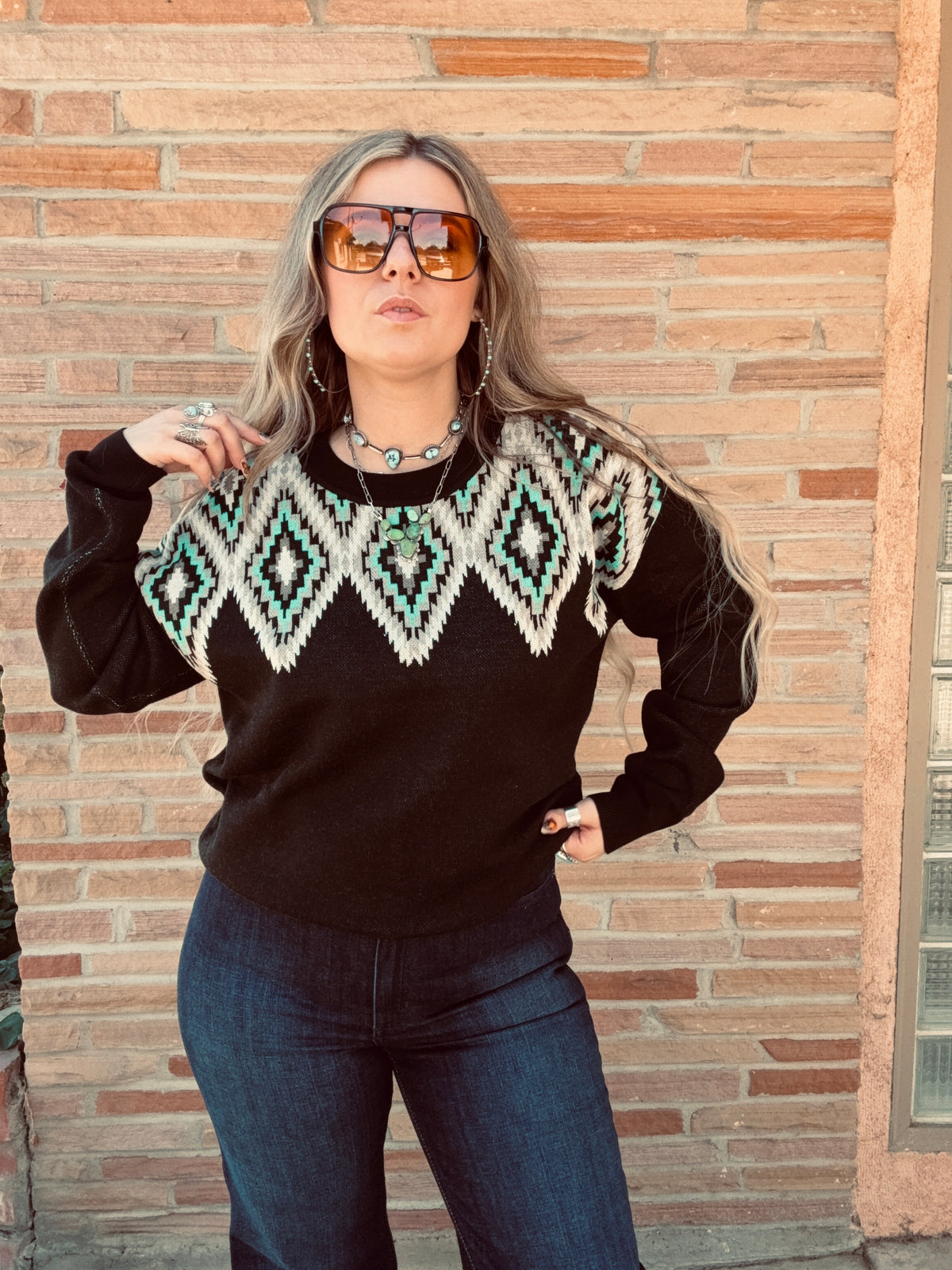 Midnight Diamond Sweater with black and turquoise