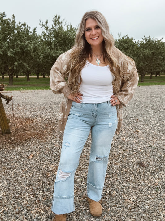 Light Wash Distressed Cuff Jeans