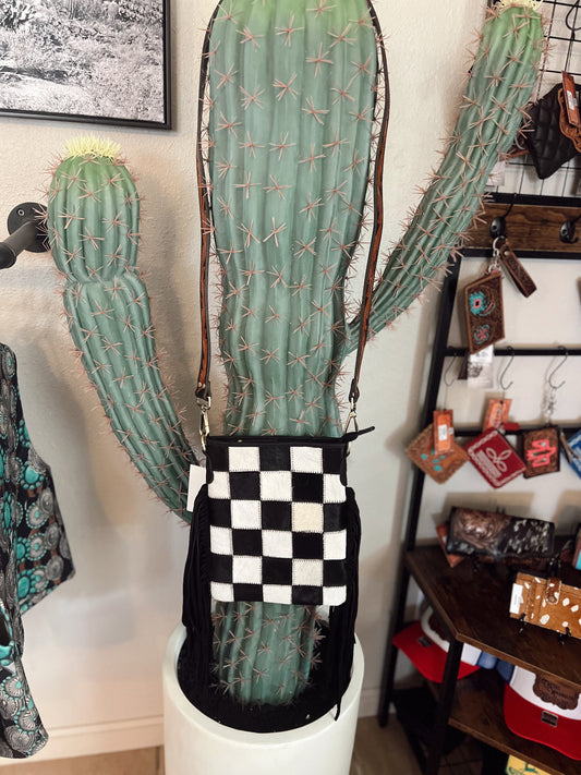 Checkered Cowhide Fringe Crossbody