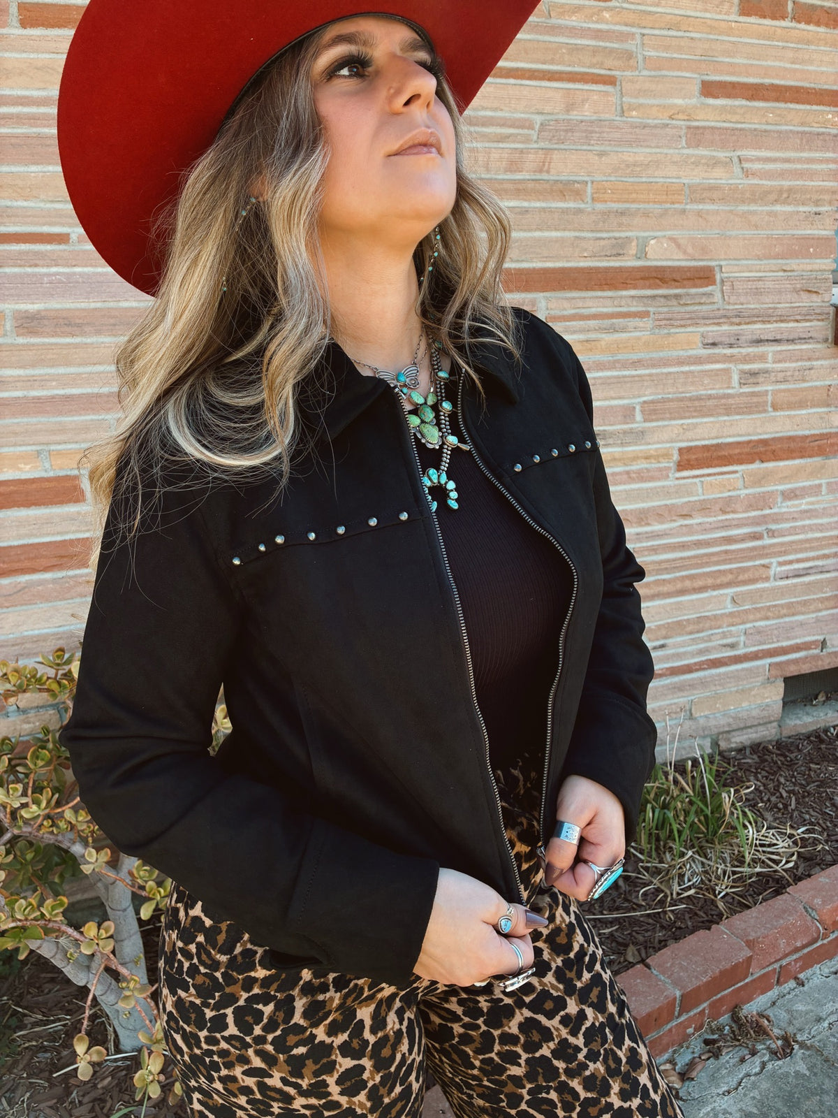 Black Long Sleeve Faux Suede Jacket with Stud Detail
