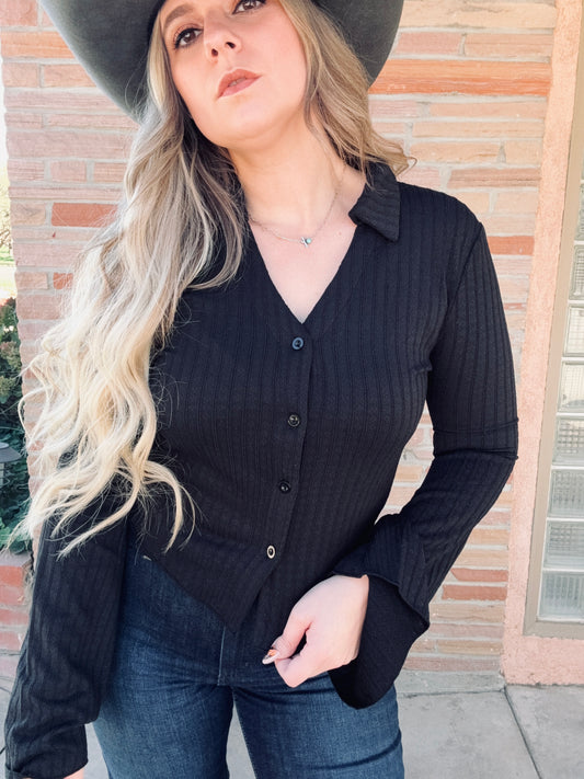 Black Knit Button Down Shirt