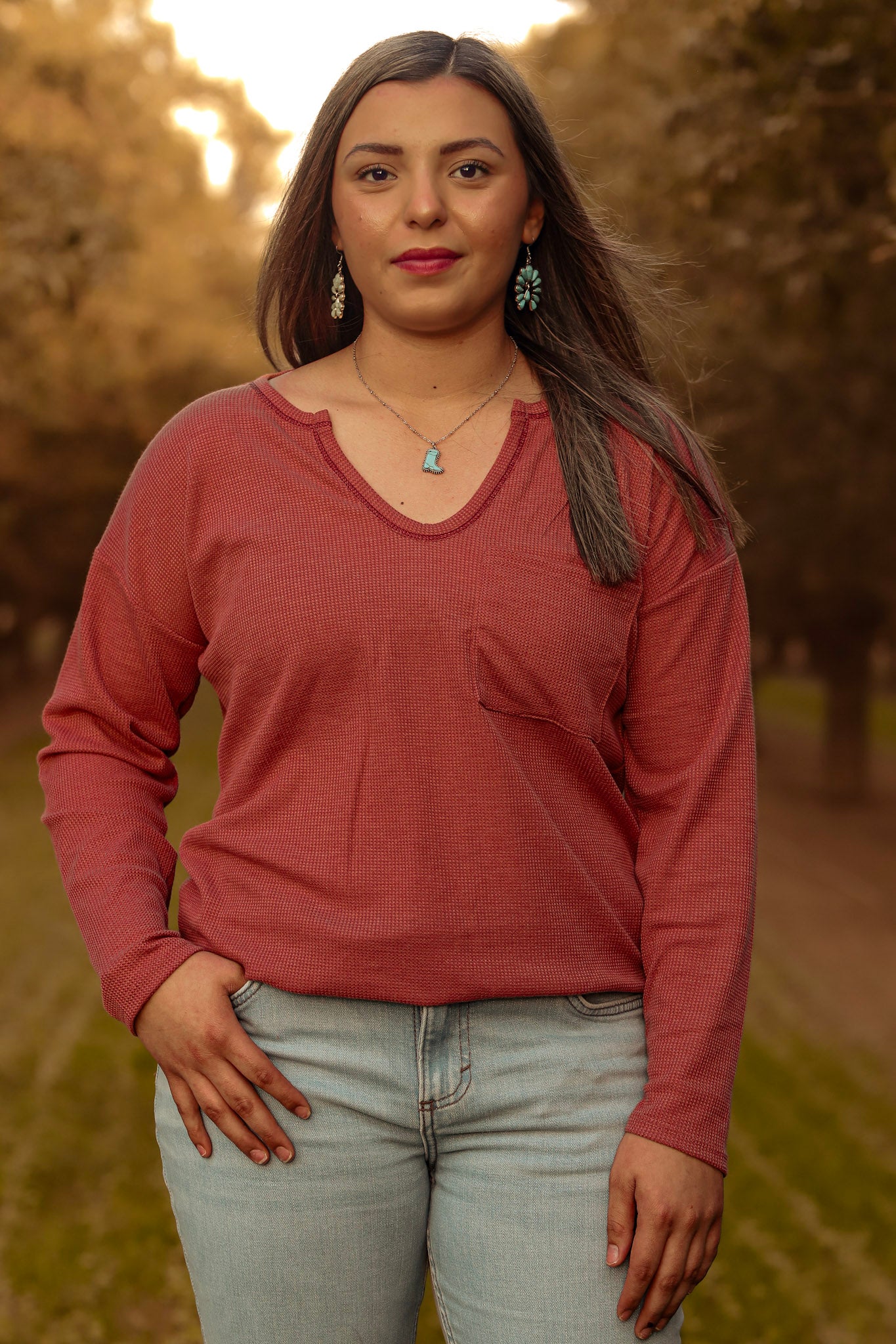 Marsala Thermal Round V Neck Long Sleeve