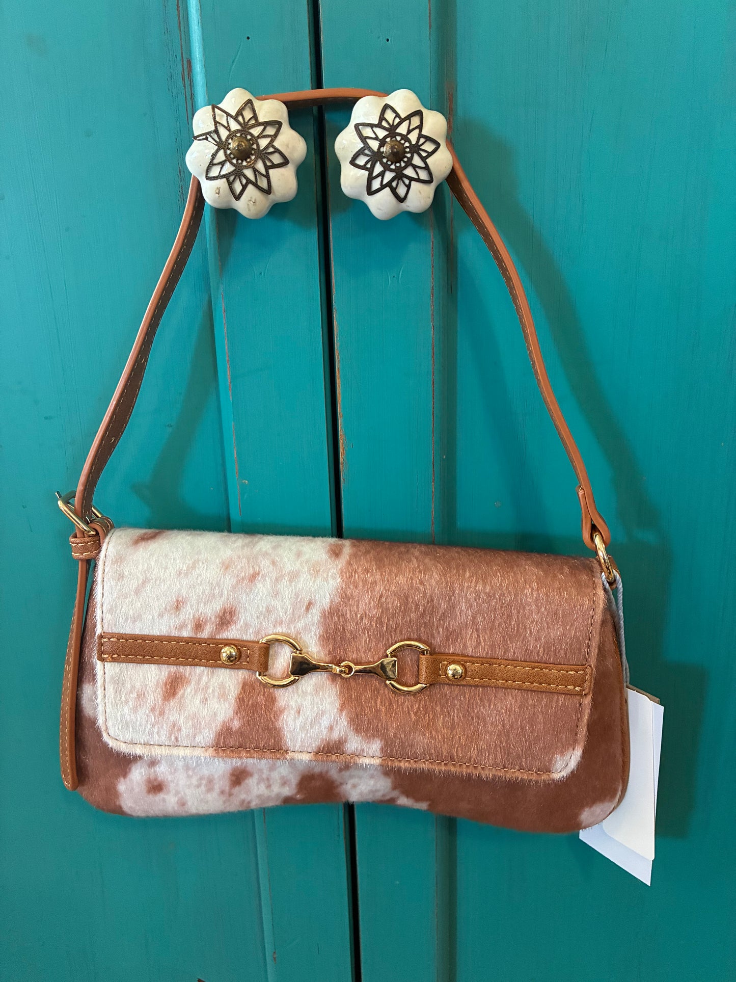 Cow Print Horse Bit Faux leather and fur handbag - Brown