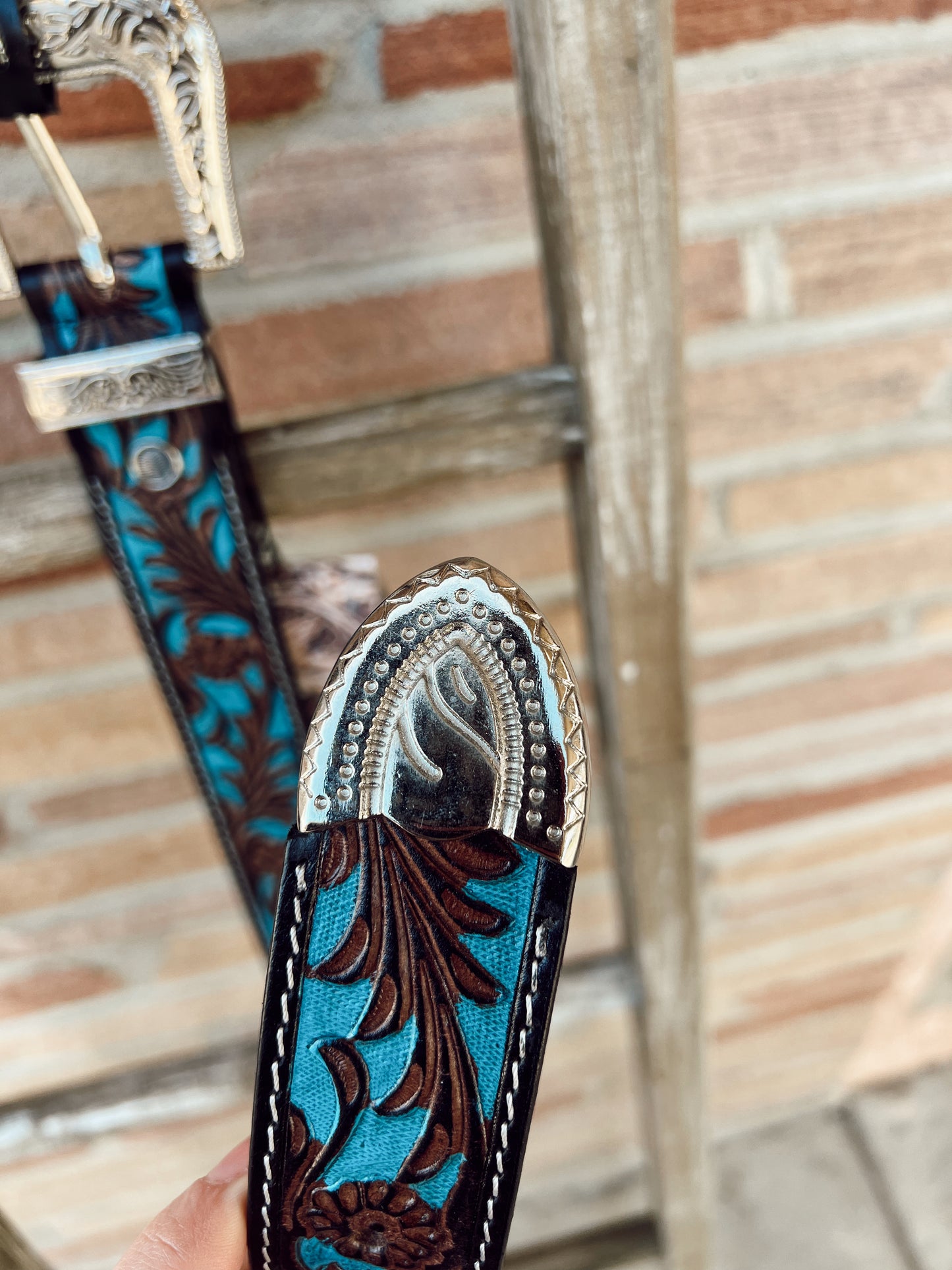 Turquoise hand-tooled leather belt