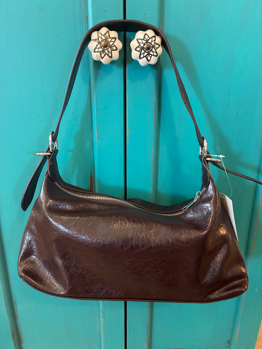 Studded Western Buckle Vegan Leather Shoulder Bag - Dark Brown