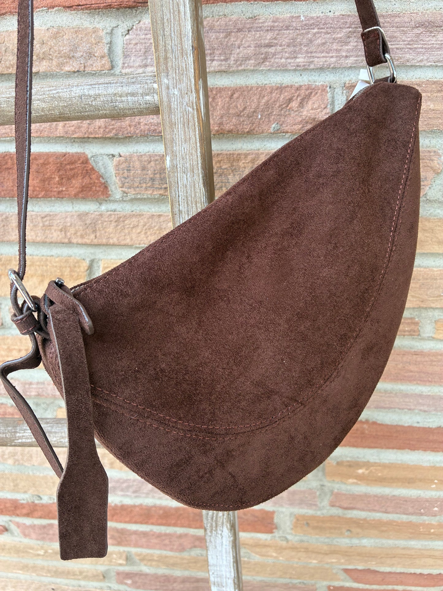 Suede Crescent Panel Shoulder Bag - Dark Brown