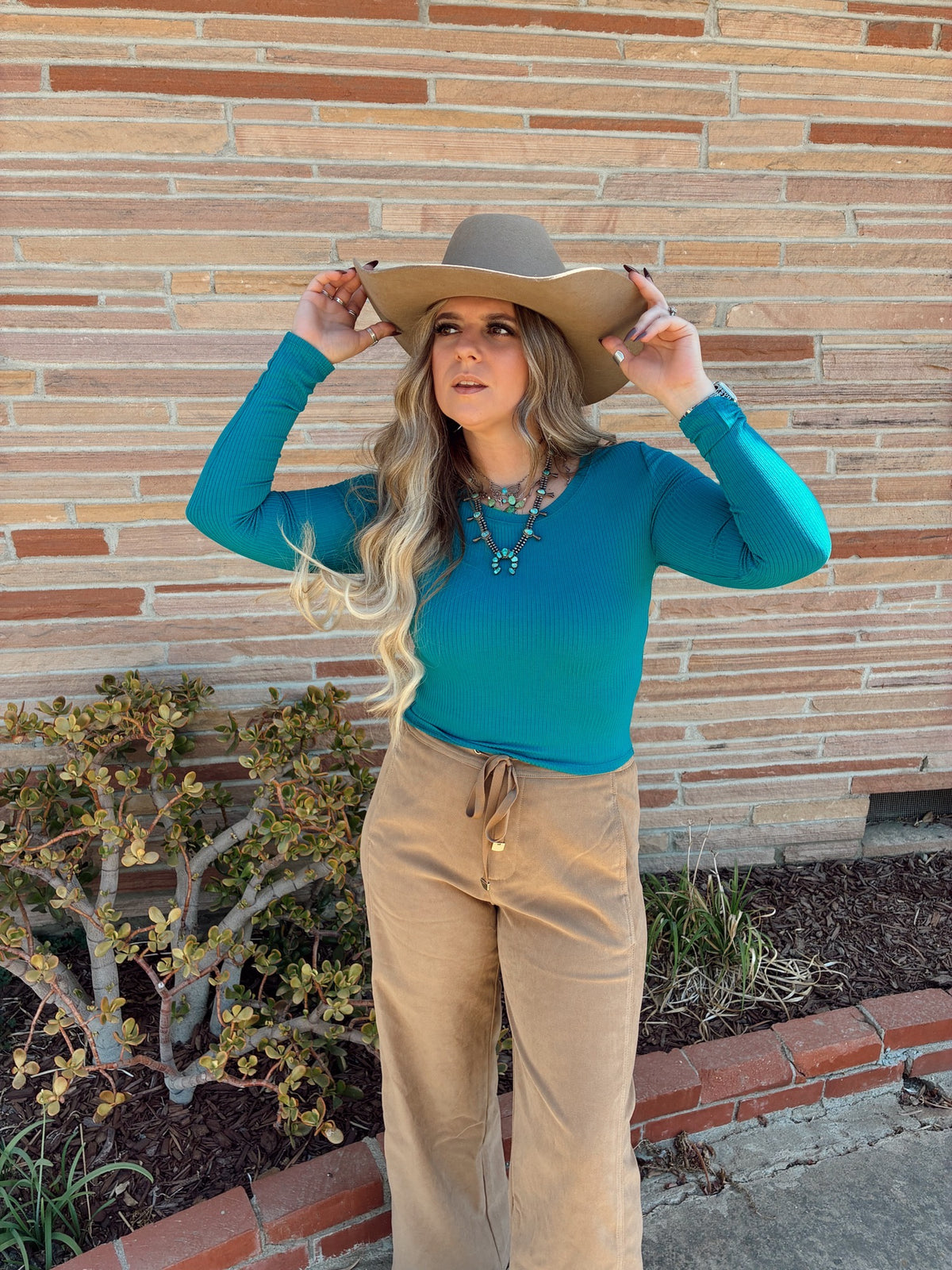 Teal Long Sleeve Crew Neck Rib Crop Knit Top