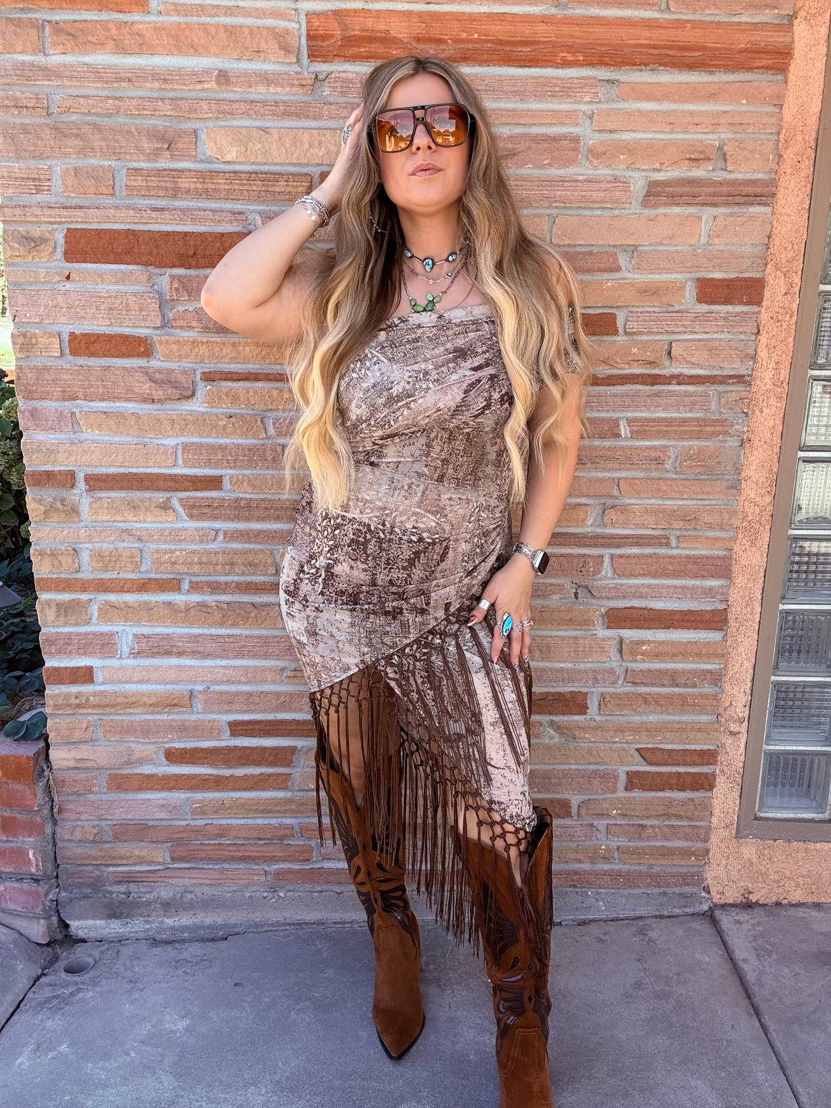 Off shoulder aztec inspired mesh print dress with fringe