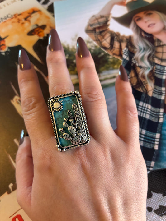 Cactus Desert Stone Pendant Cutout Stretch Ring