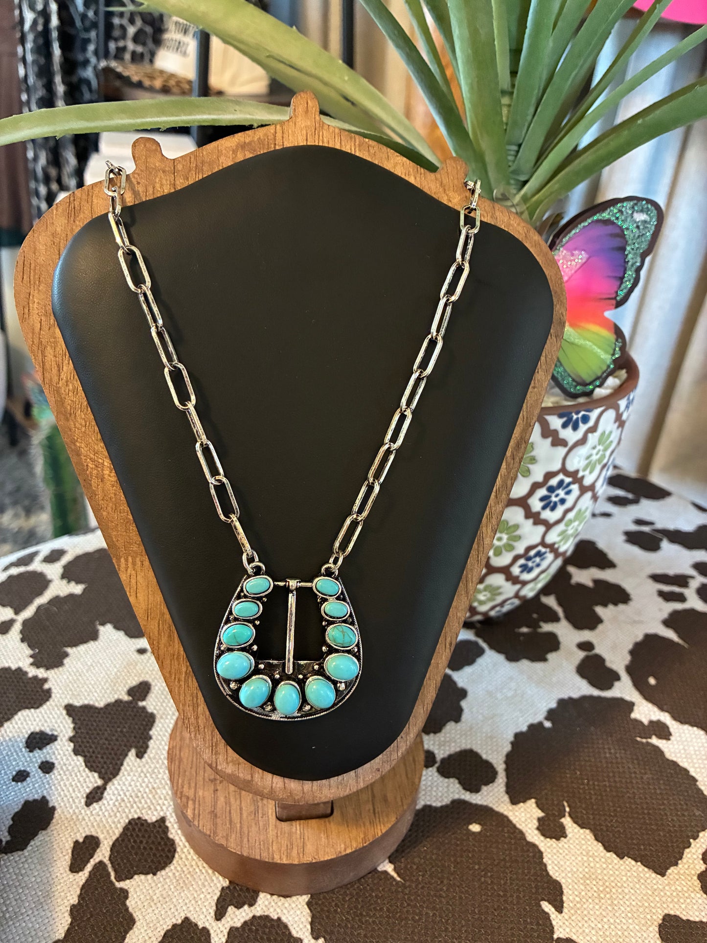 Western Belt Buckle Turquoise stone necklace