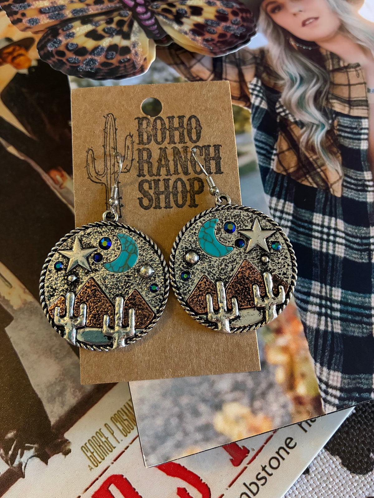 Western Scenery Dangle Earrings Cactus Stars Moon Desert