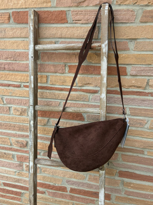 Suede Crescent Panel Shoulder Bag - Dark Brown