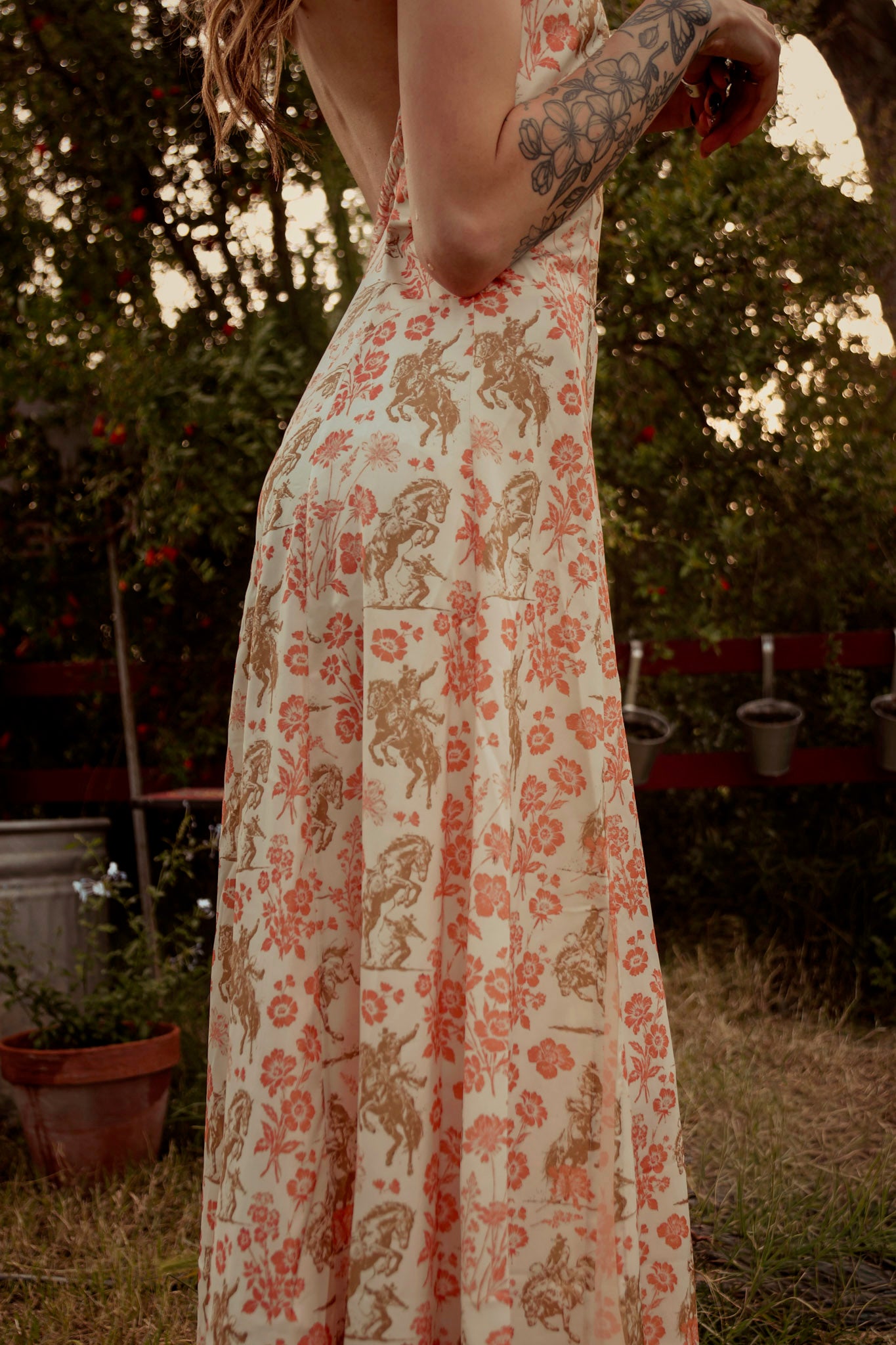 Floral Horse Printed Halter Neck Tie Dress