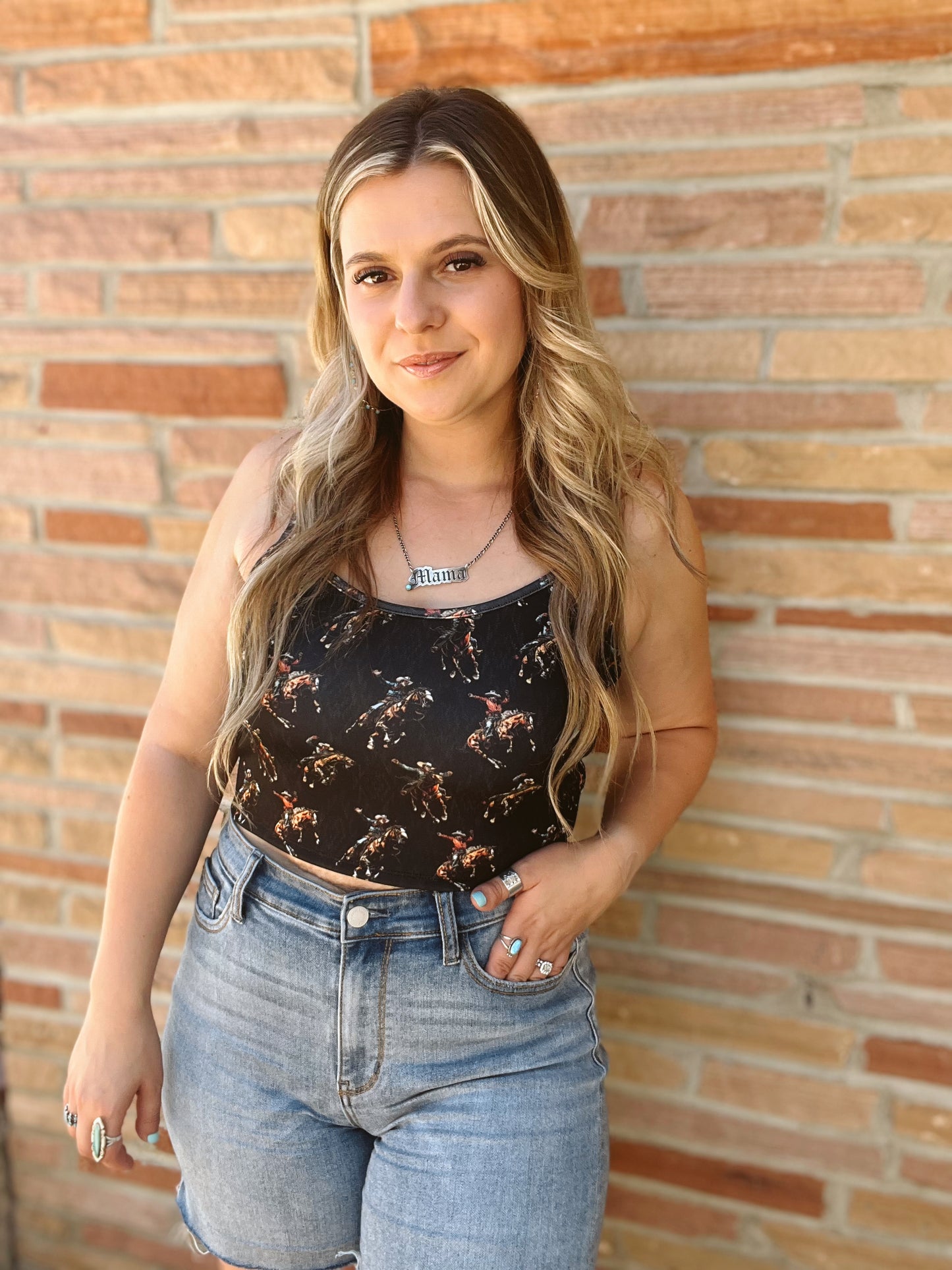 Black Aztec Cowboy Printed Crop Top