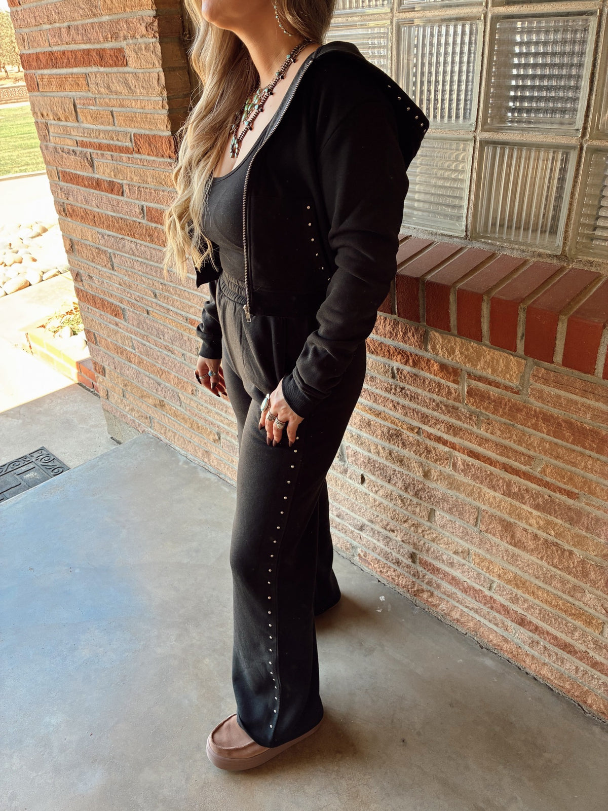 Black Pocket Stud Point Hoodie & Pants Inner Fleece Terry Set