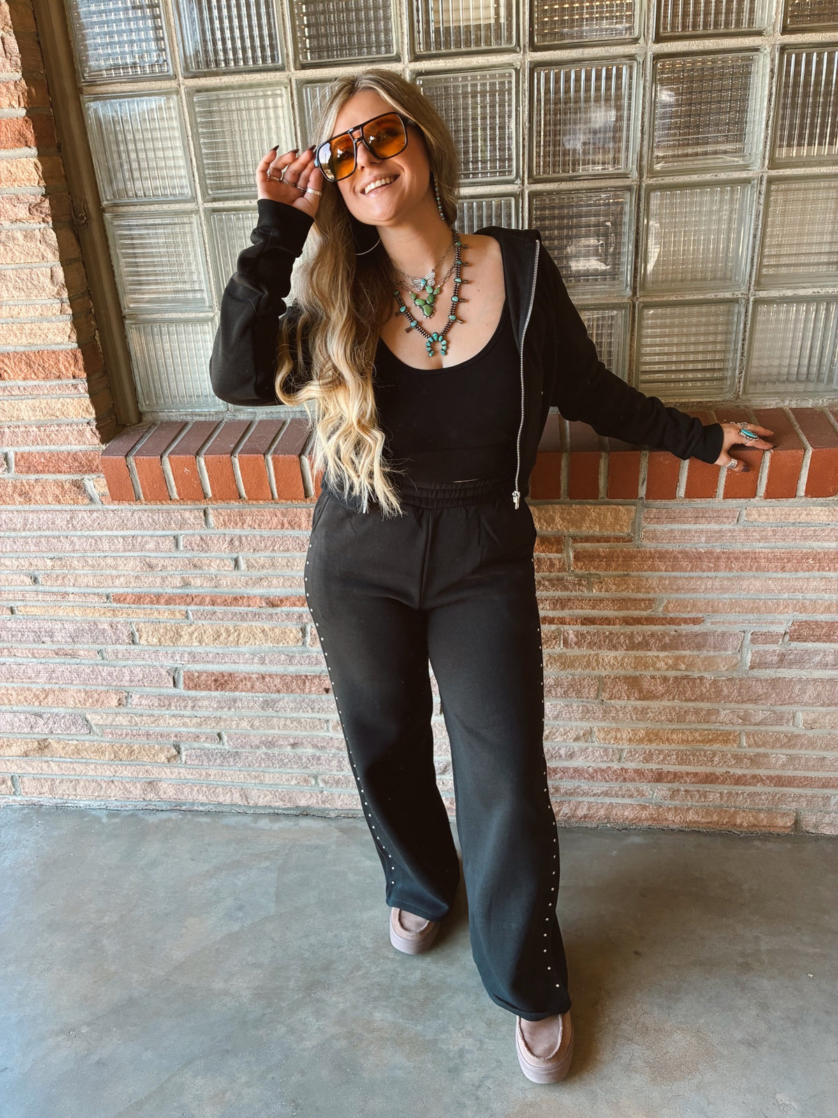 Black Pocket Stud Point Hoodie & Pants Inner Fleece Terry Set