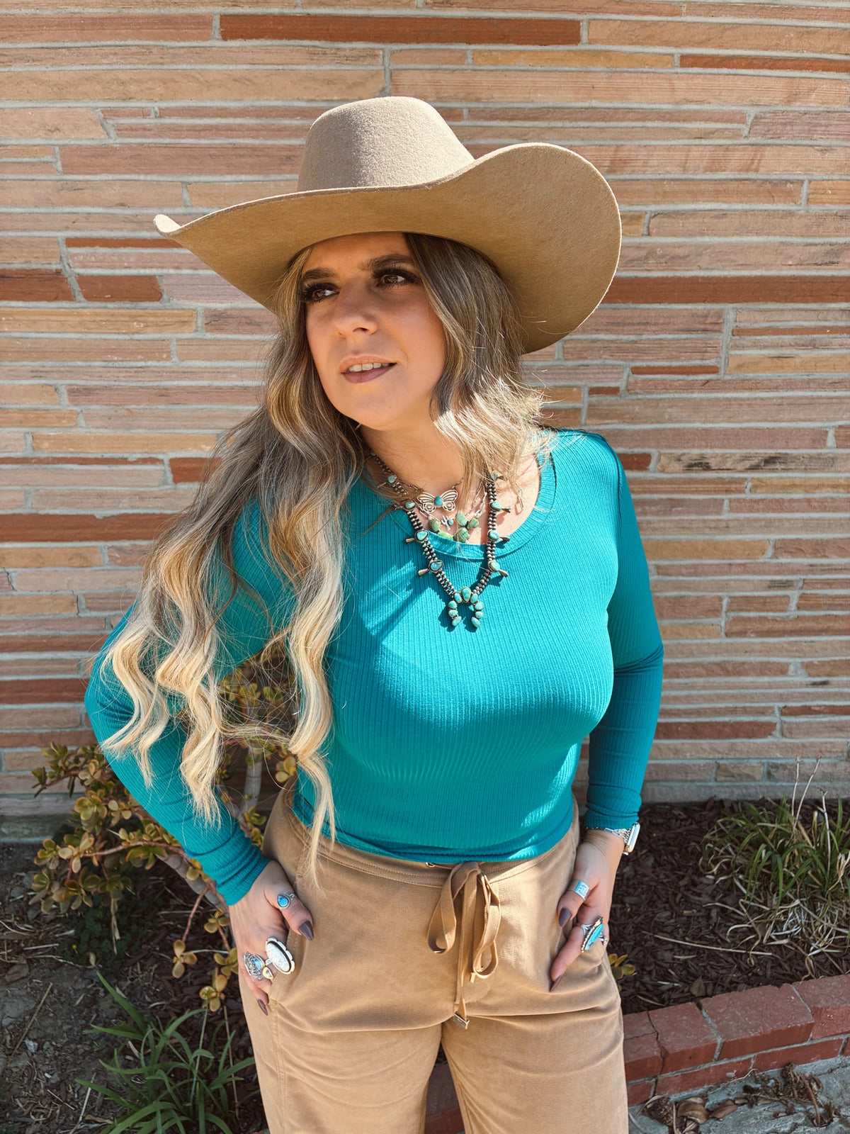 Teal Long Sleeve Crew Neck Rib Crop Knit Top