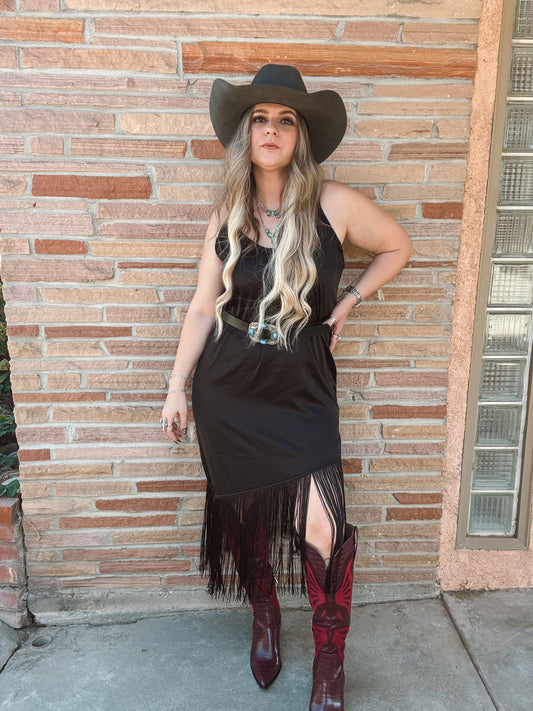Black Asymmetric Fringed Hem Cami Dress