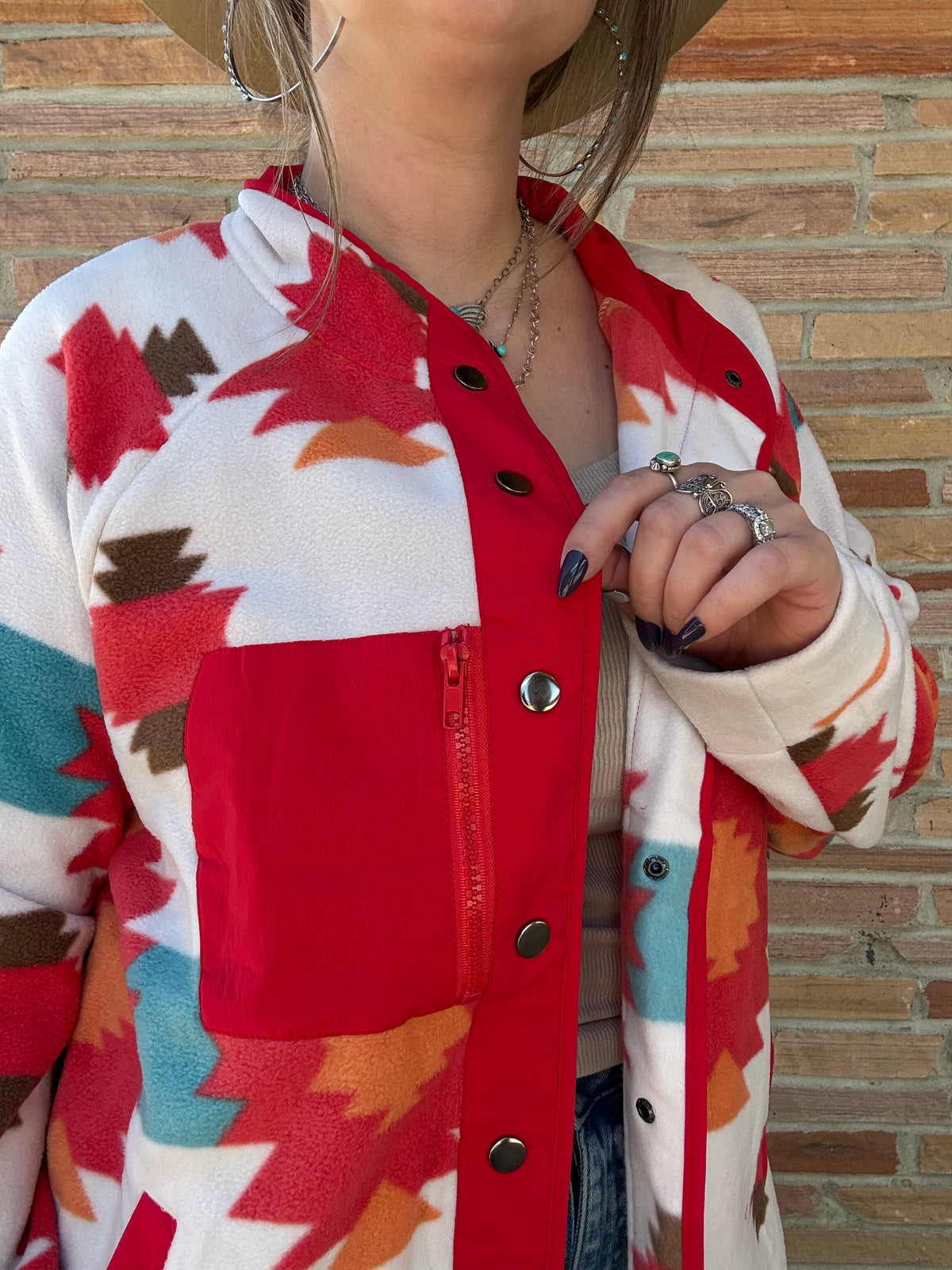 Aztec Fleece Print Snap Up Jacket