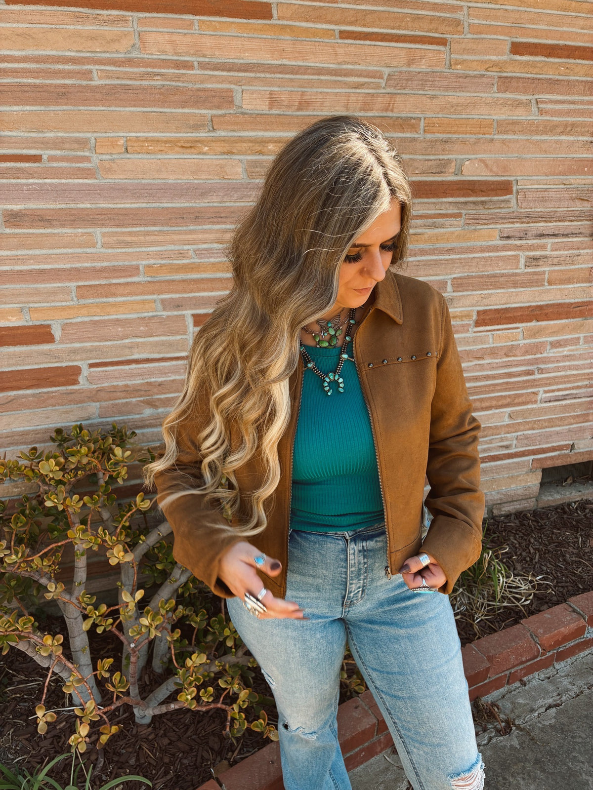 Brown Long Sleeve Faux Suede Jacket with Stud Detail