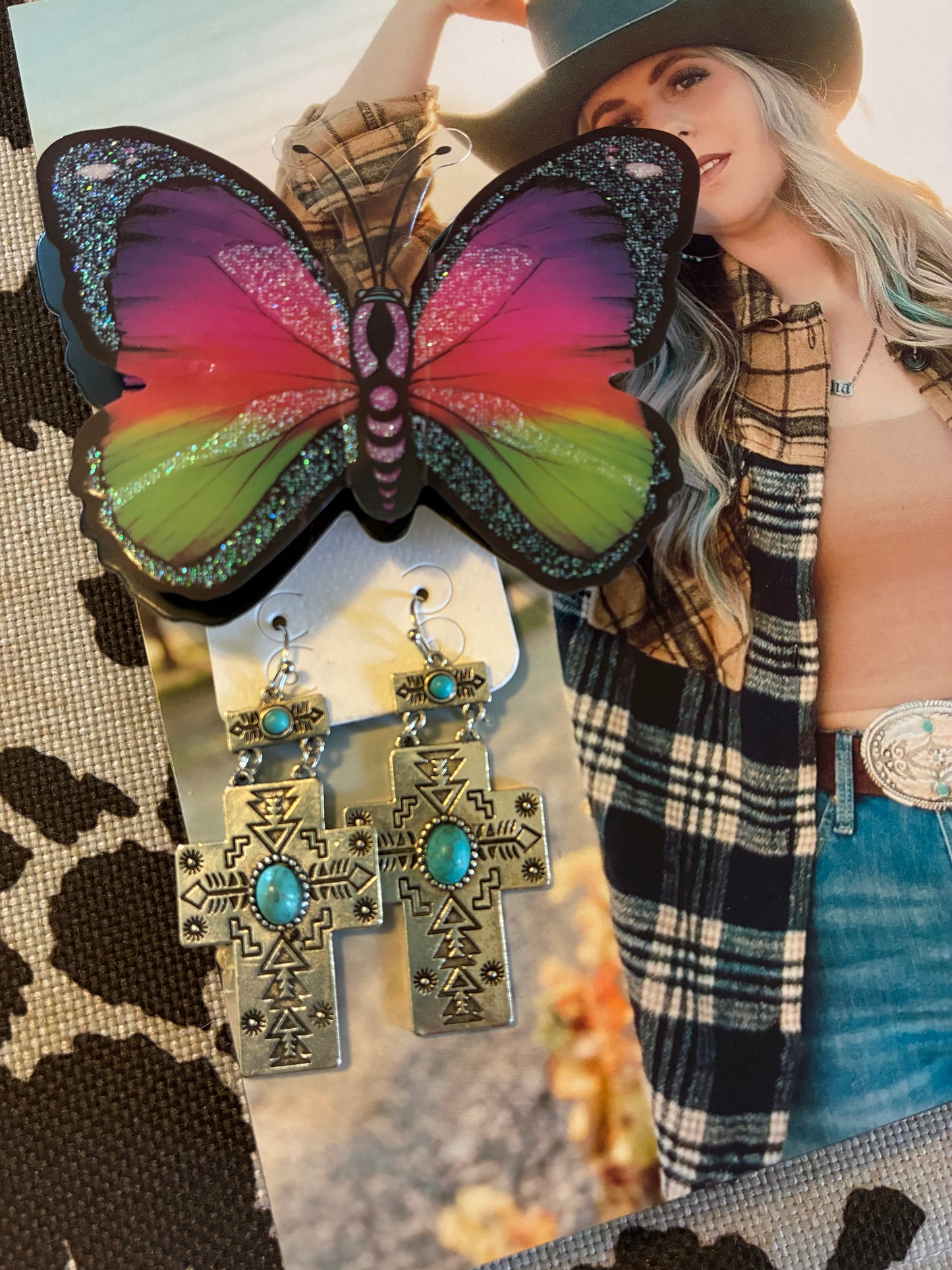 Turquoise Accent Aztec Cross Dangle Earrings