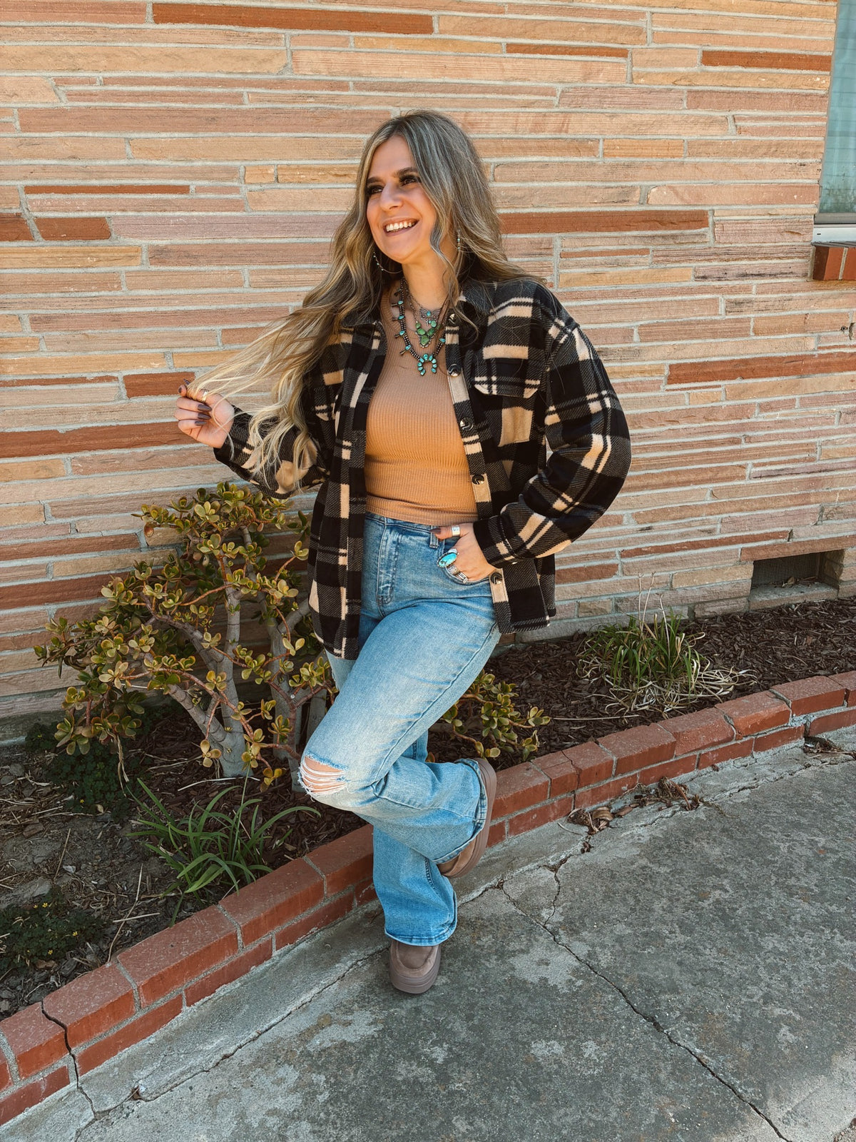 Taupe & Black Long Sleeve Check Printed Fleece Shacket