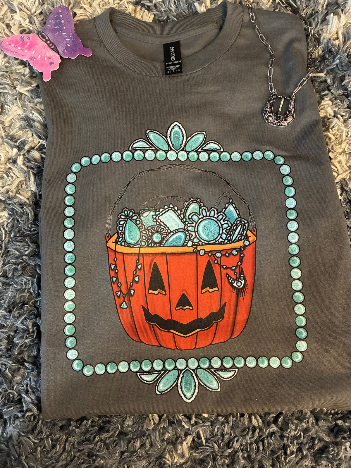 Charcoal Halloween Turquoise Pumpkin Heavy Cotton Tee