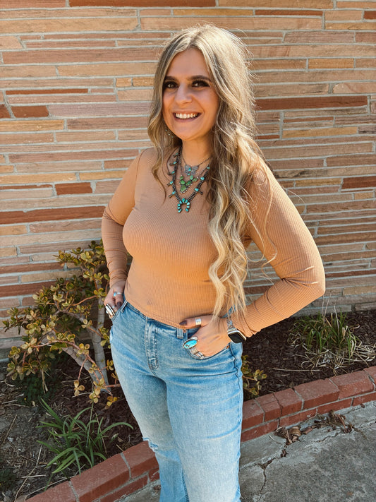 Tan Long Sleeve Crew Neck Rib Crop Knit Top
