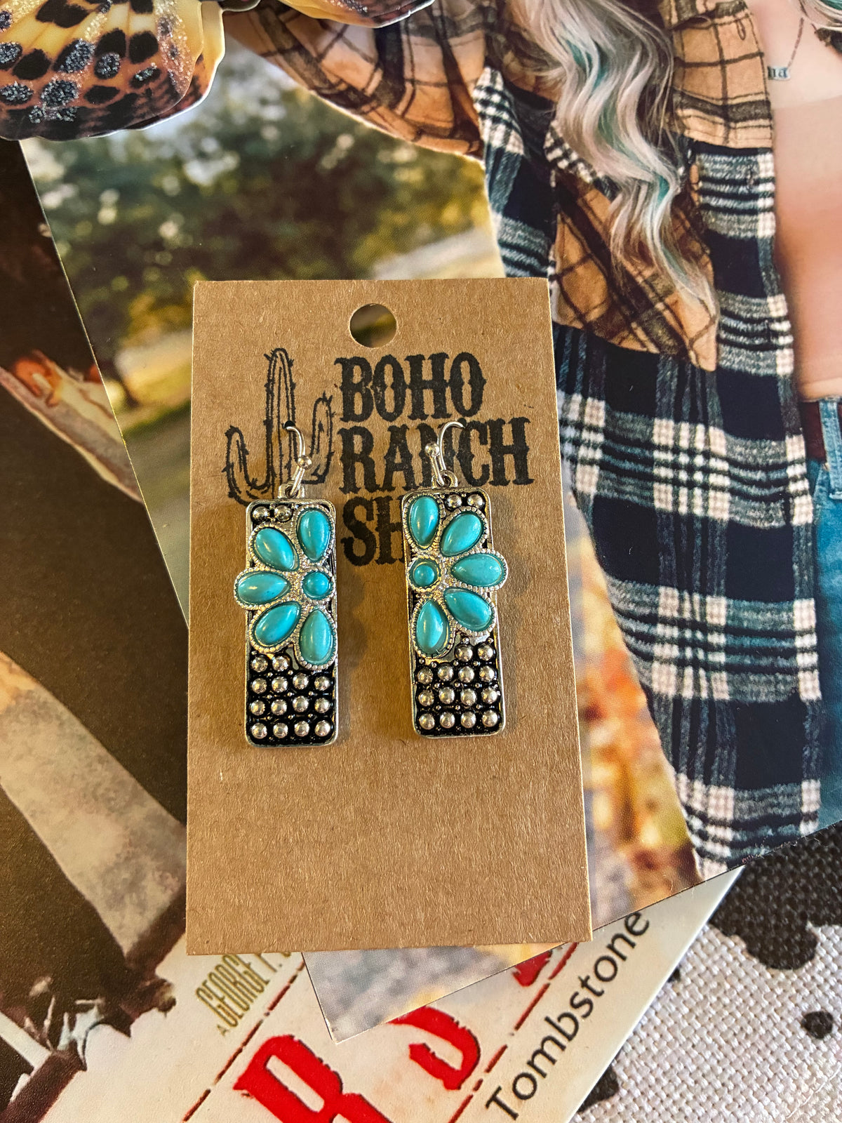 Rectangle & Flower Pendant with Turquoise Stone Dangle Earrings