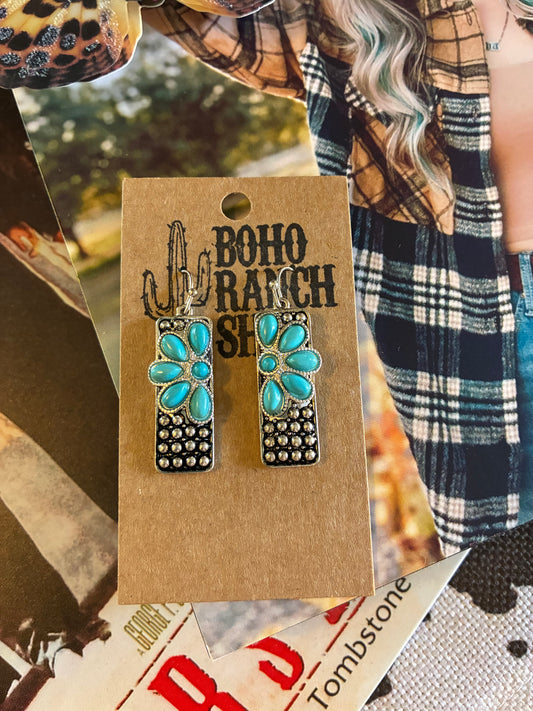 Rectangle & Flower Pendant with Turquoise Stone Dangle Earrings