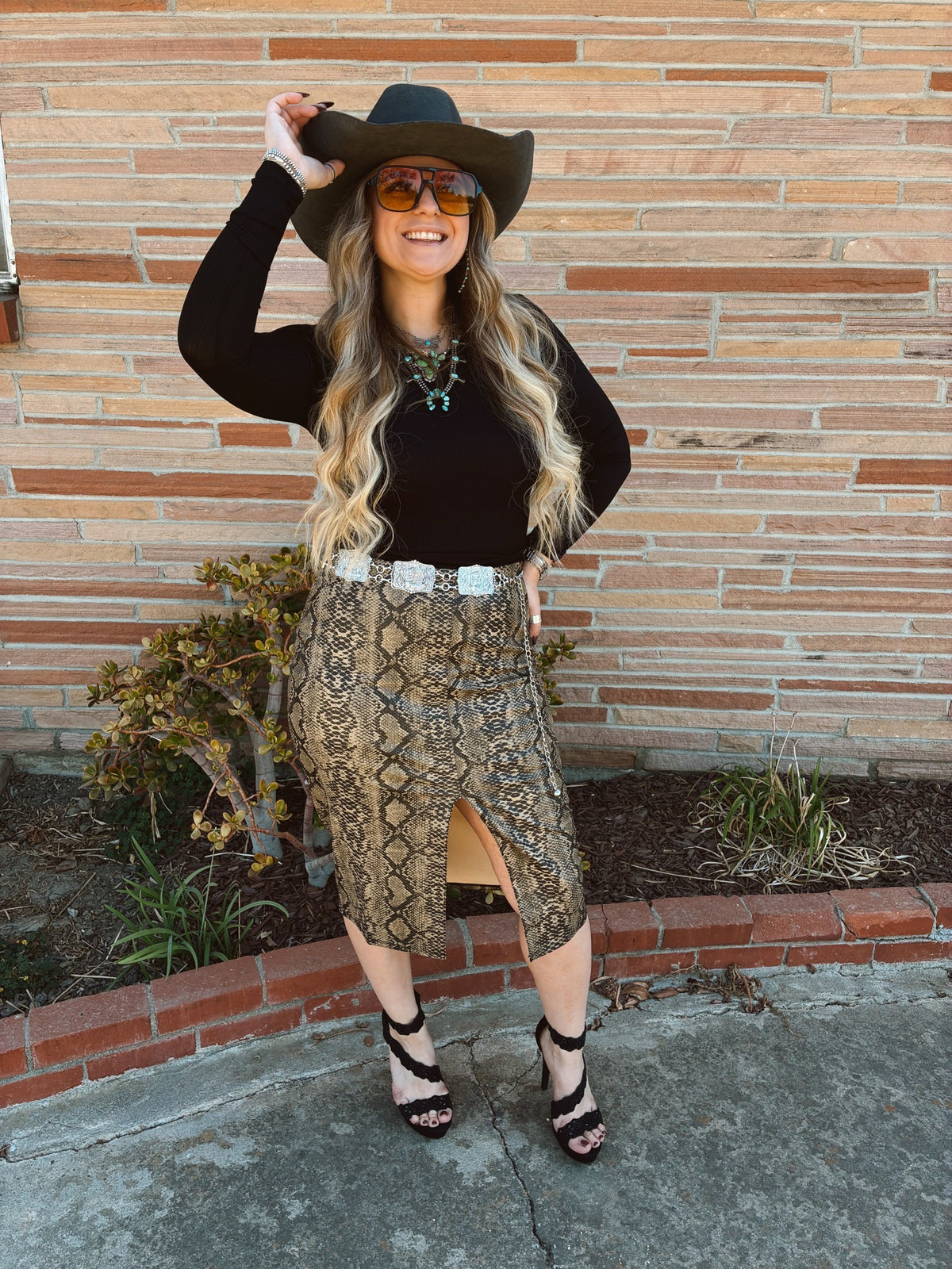 Open Front Snake Print Faux Leather Pencil Midi Skirt