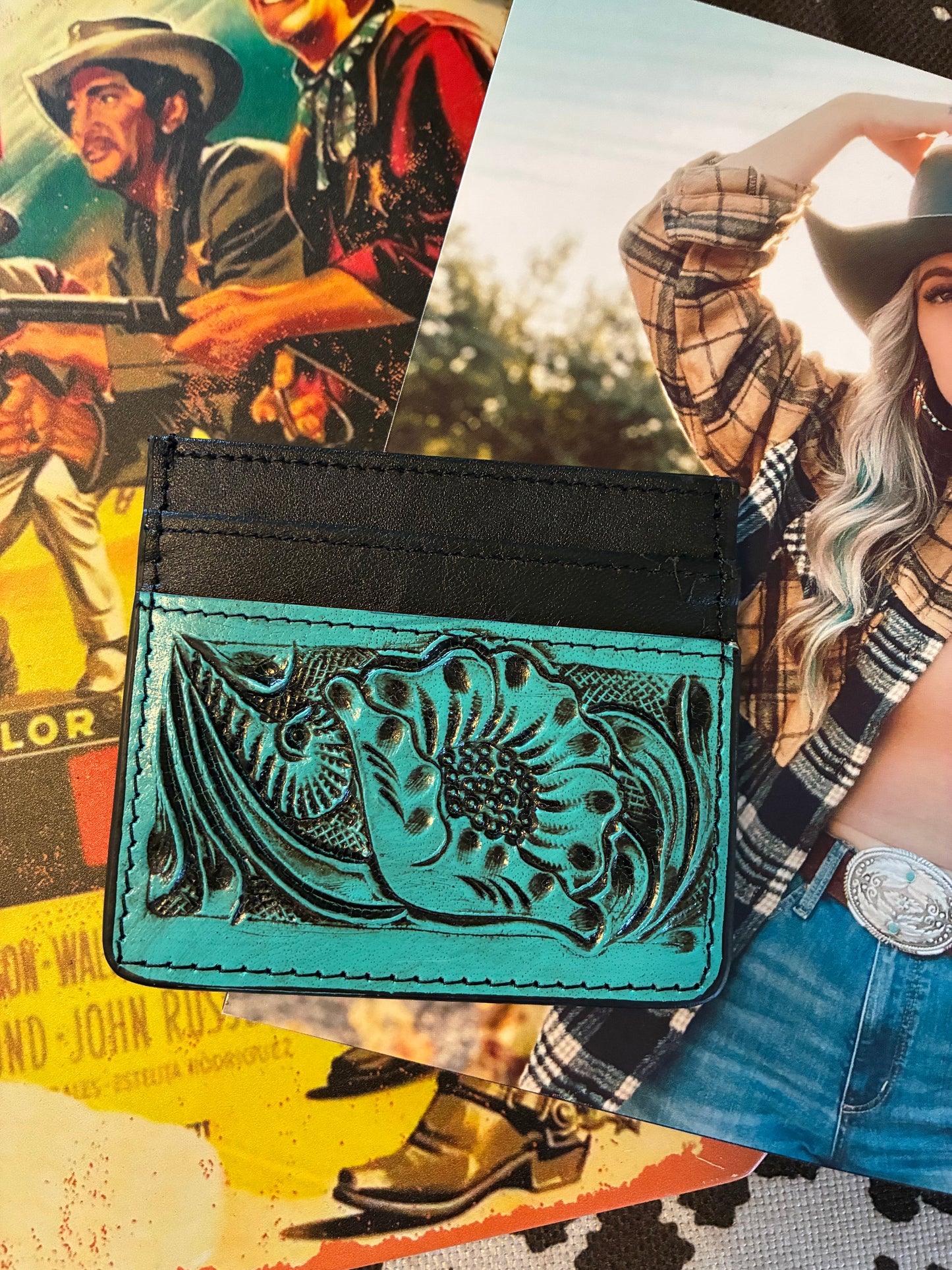 Western Genuine Tooled Leather Card Holder - Turquoise