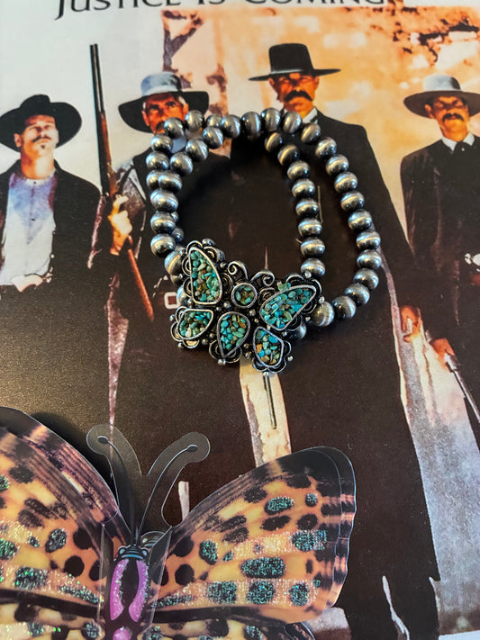 Butterfly Faux Navajo Pearl Druzy Stretch Bracelet