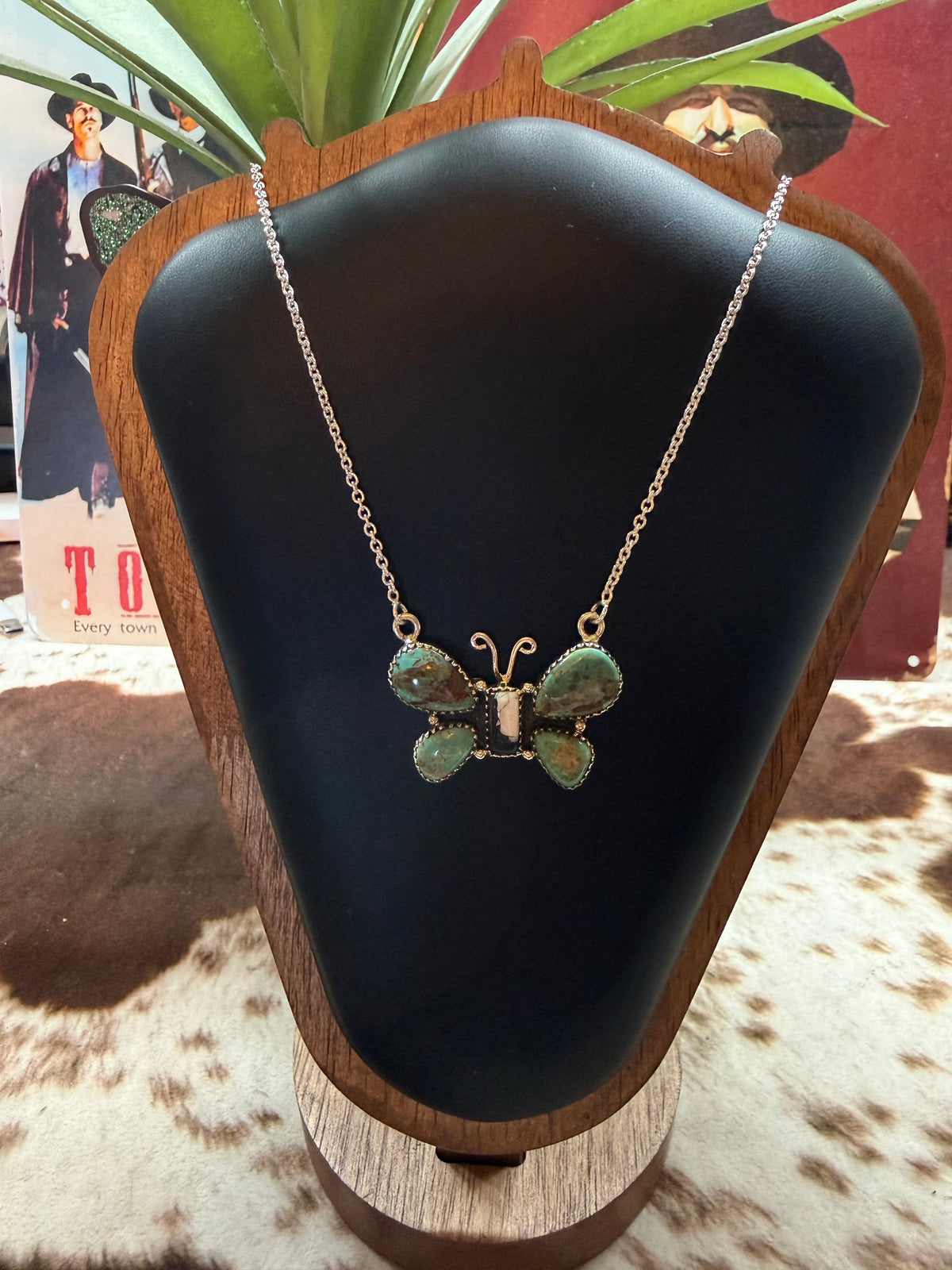 925 sterling silver white buffalo & cripple creek turquoise butterfly necklace