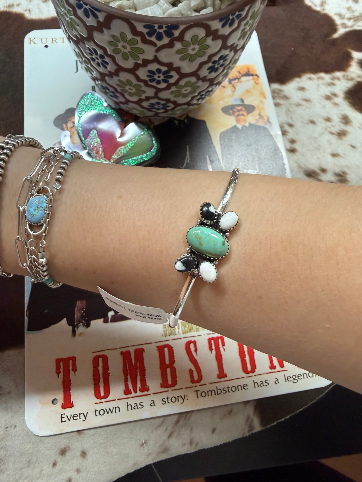925 sterling silver Stella Blue white buffalo turquoise cuff bracelet