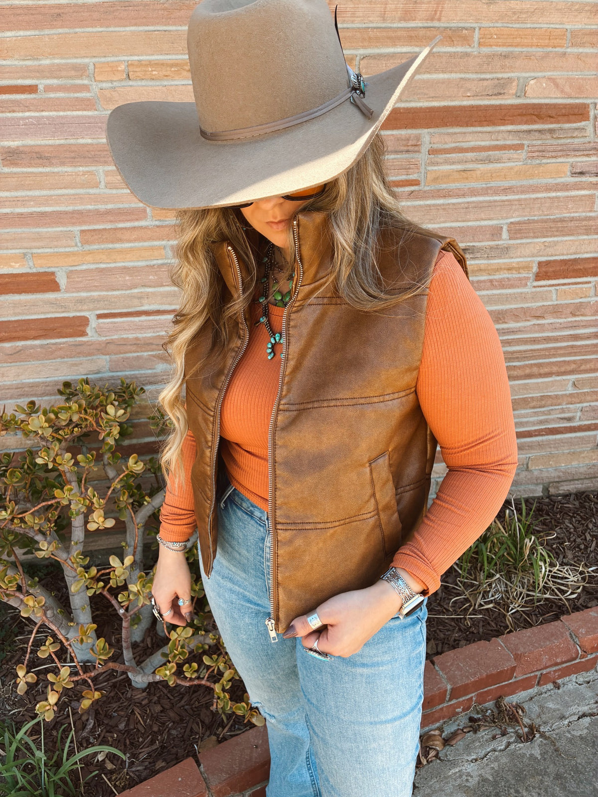 Wash Effect Brown Faux Leather Vest