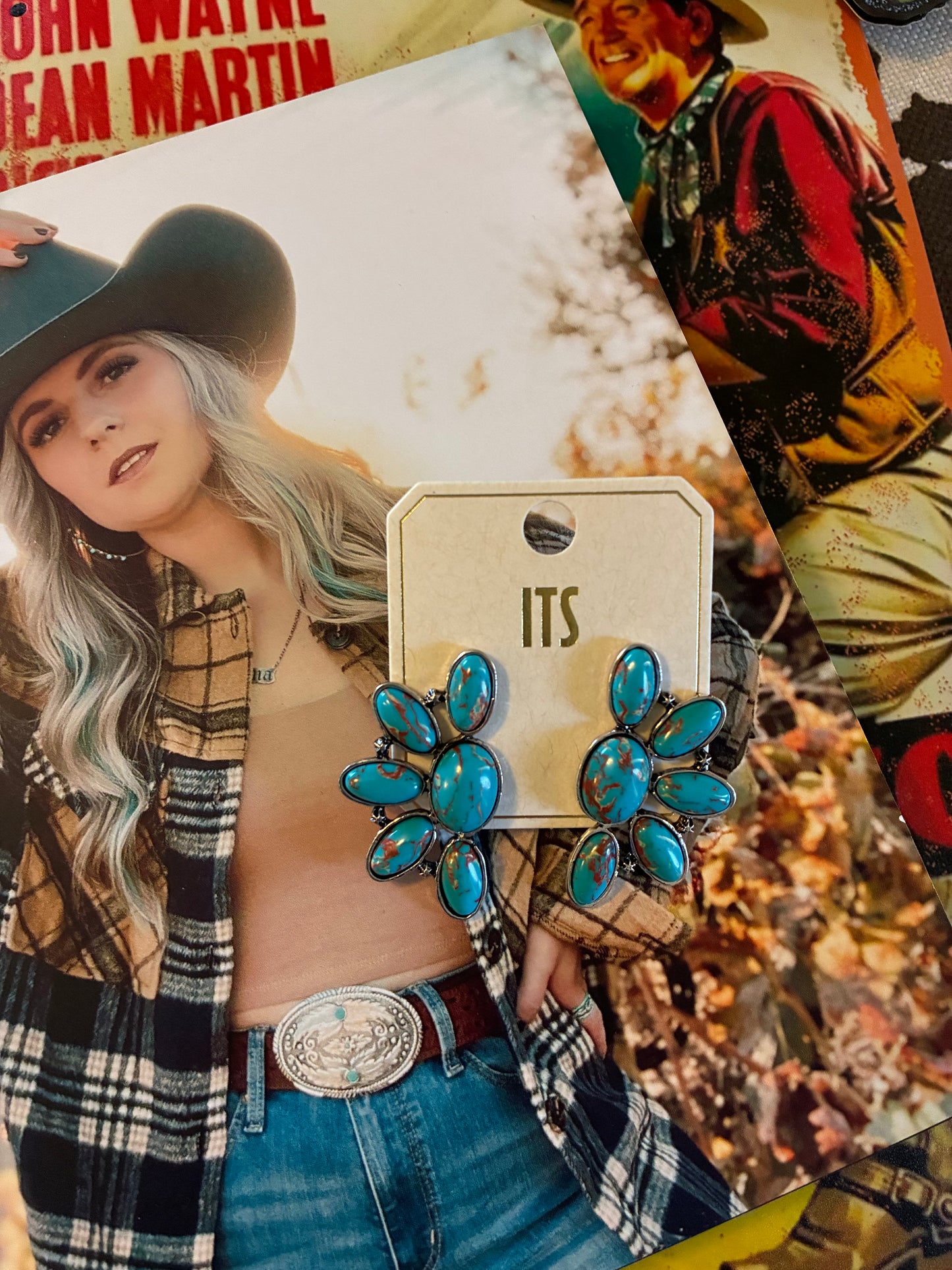 Turquoise half flower cluster earrings