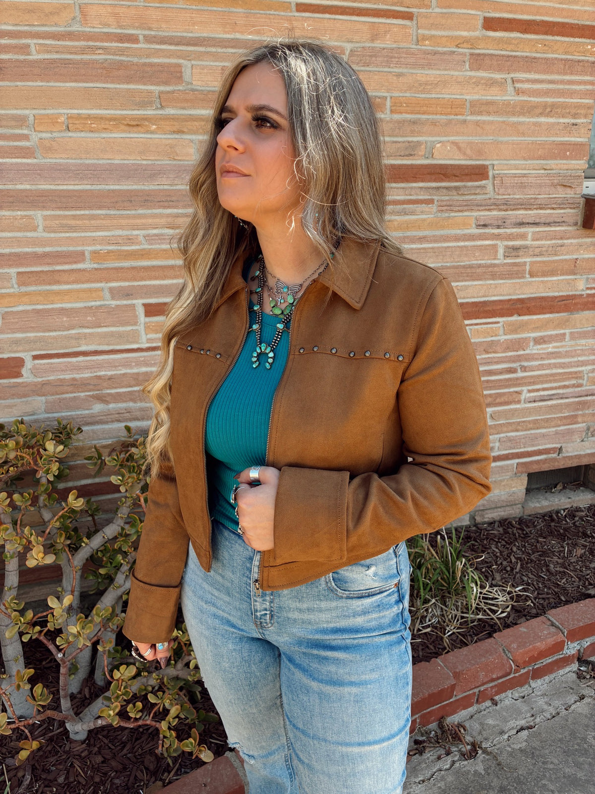Brown Long Sleeve Faux Suede Jacket with Stud Detail