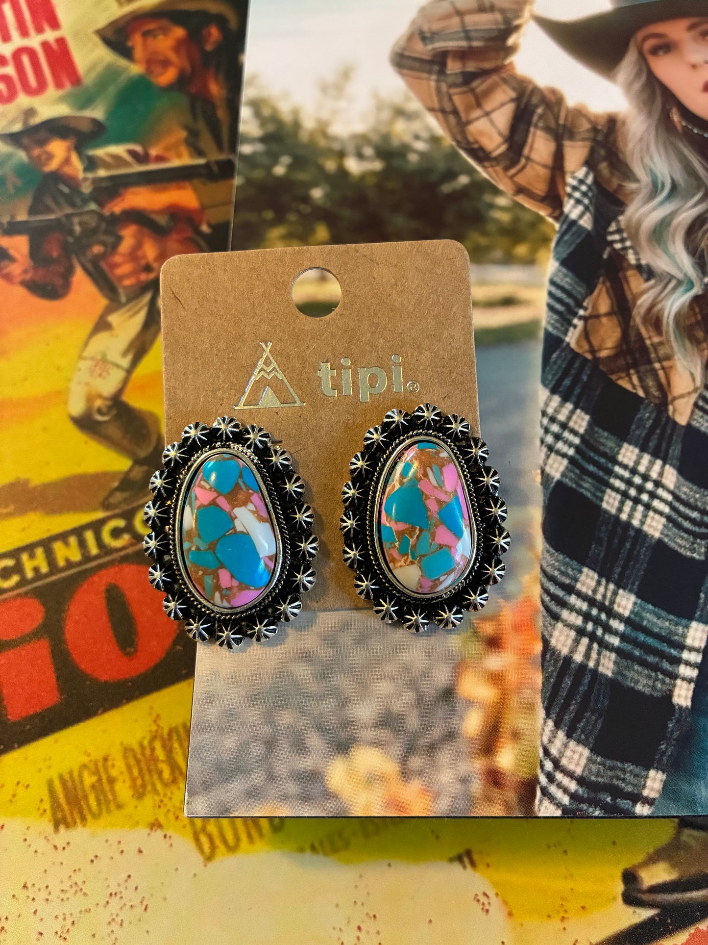 Western Cotton Candy Stone Oval Post Earrings