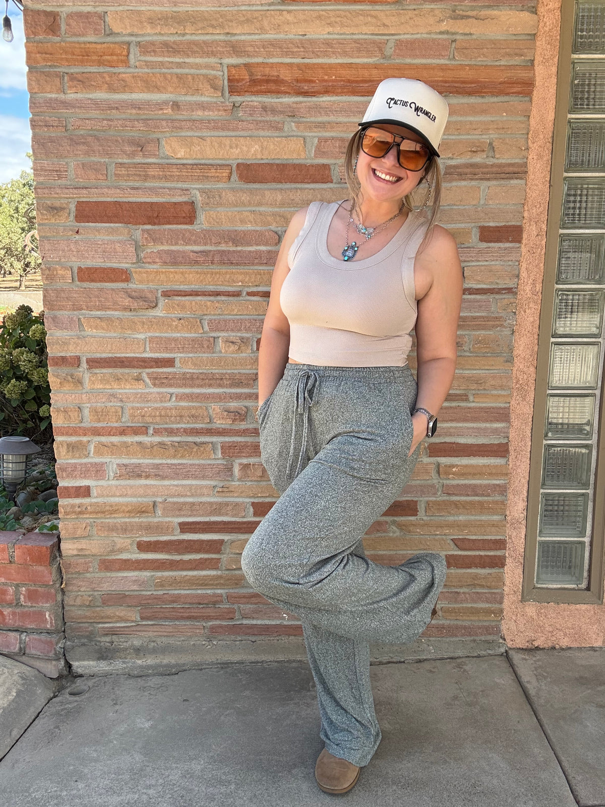 Dark Olive Heather Drawstring Elastic band Waist Wide Pants