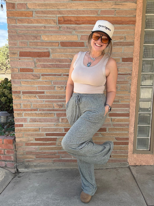 Dark Olive Heather Drawstring Elastic band Waist Wide Pants