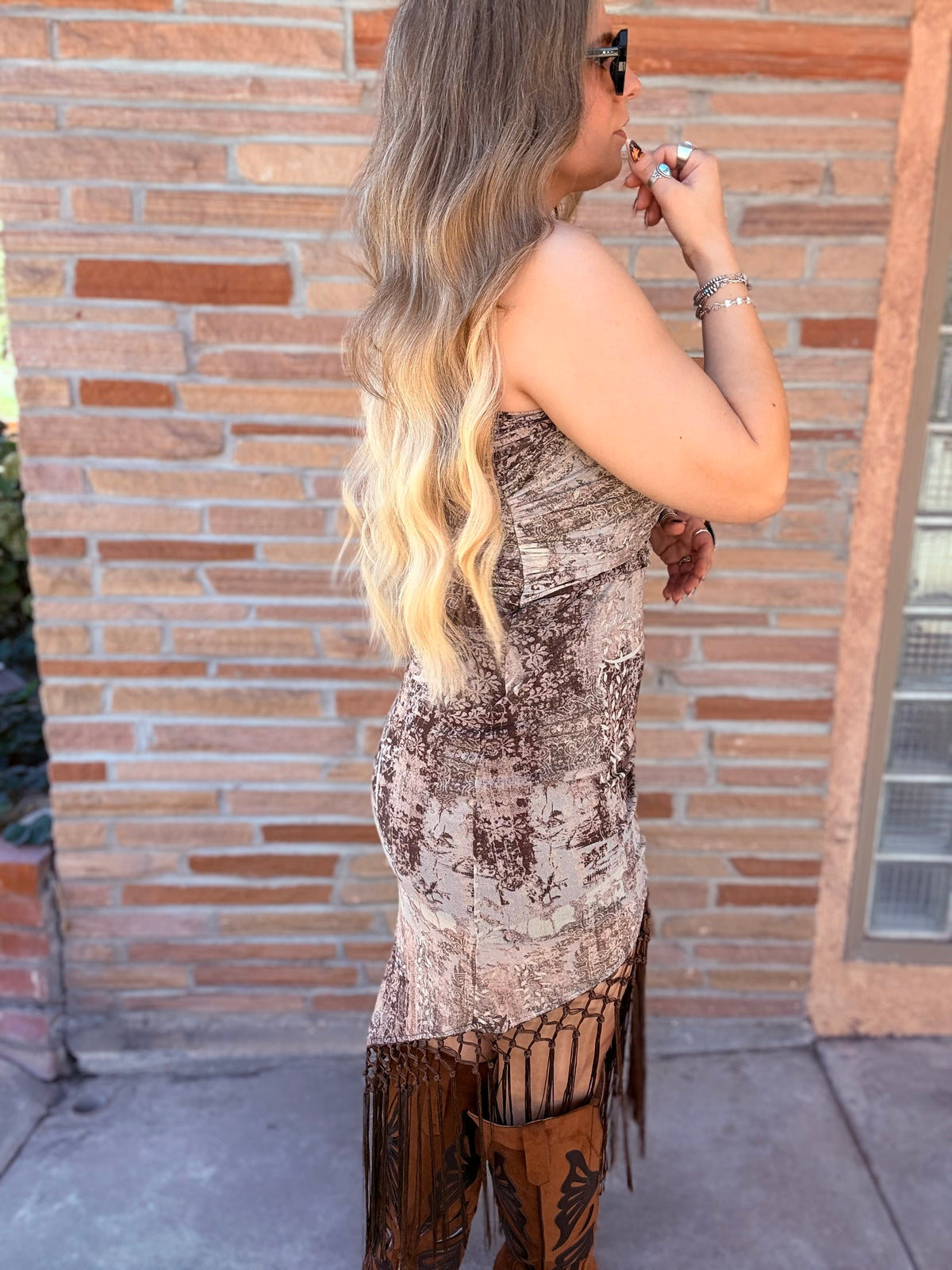 Off shoulder aztec inspired mesh print dress with fringe