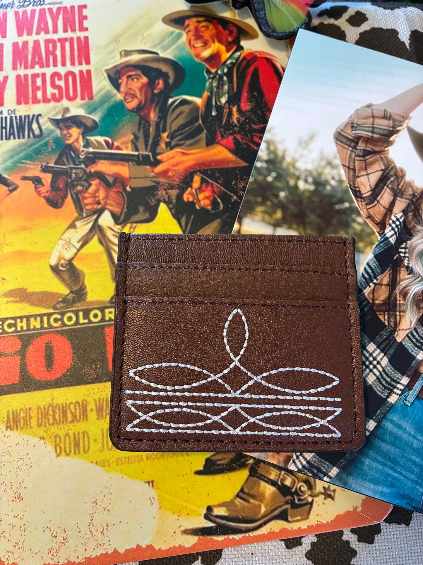 Western Genuine Leather Boot Stitch Card Holder - Brown