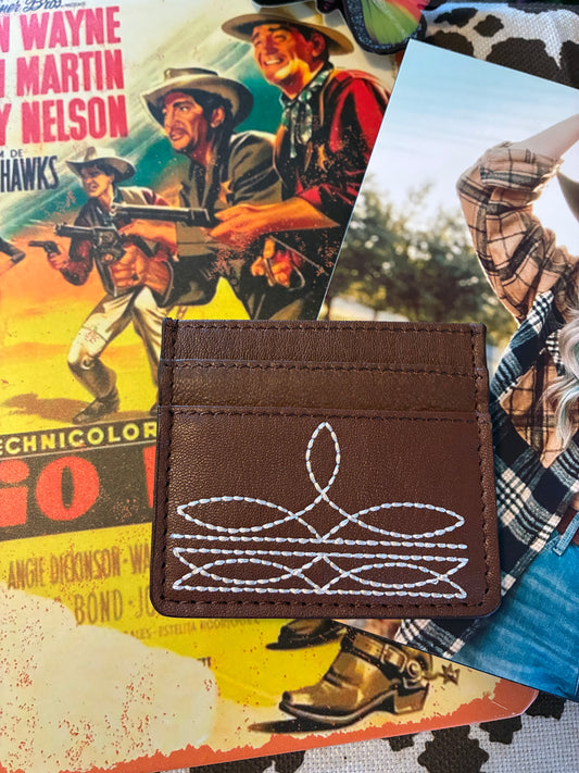 Western Genuine Leather Boot Stitch Card Holder - Brown