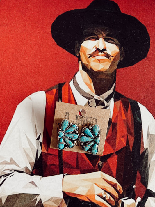 Turquoise Crest Squash Blossom Stud Earrings