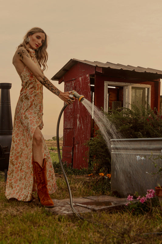 Floral Horse Printed Halter Neck Tie Dress