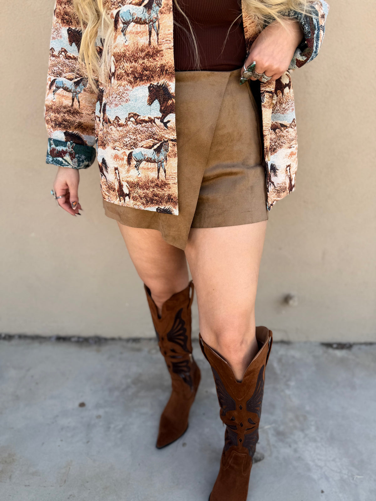 Tan Front Wrap Faux Suede Skort Pants