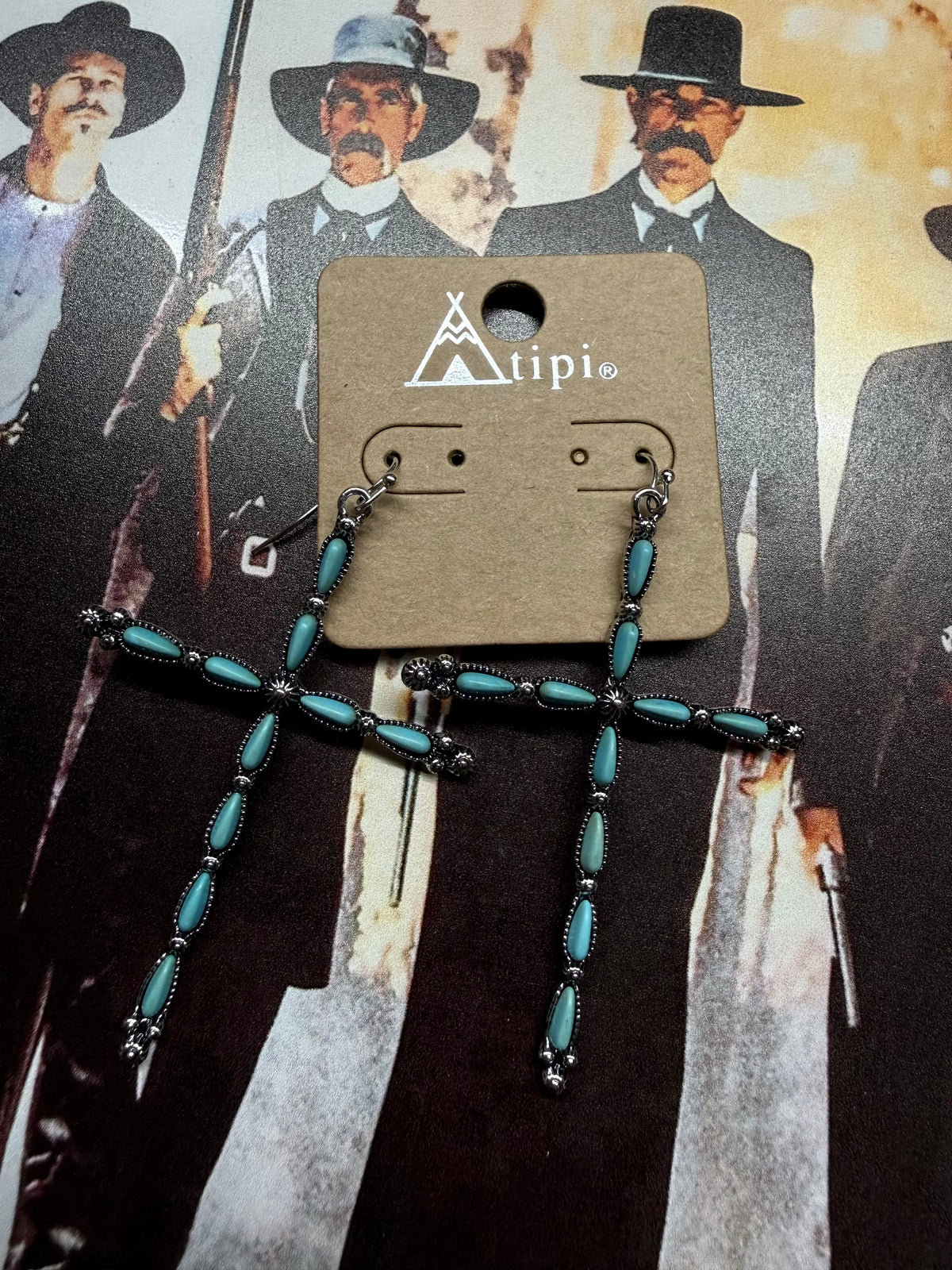 Western Turquoise Fish Hook Cross Earring