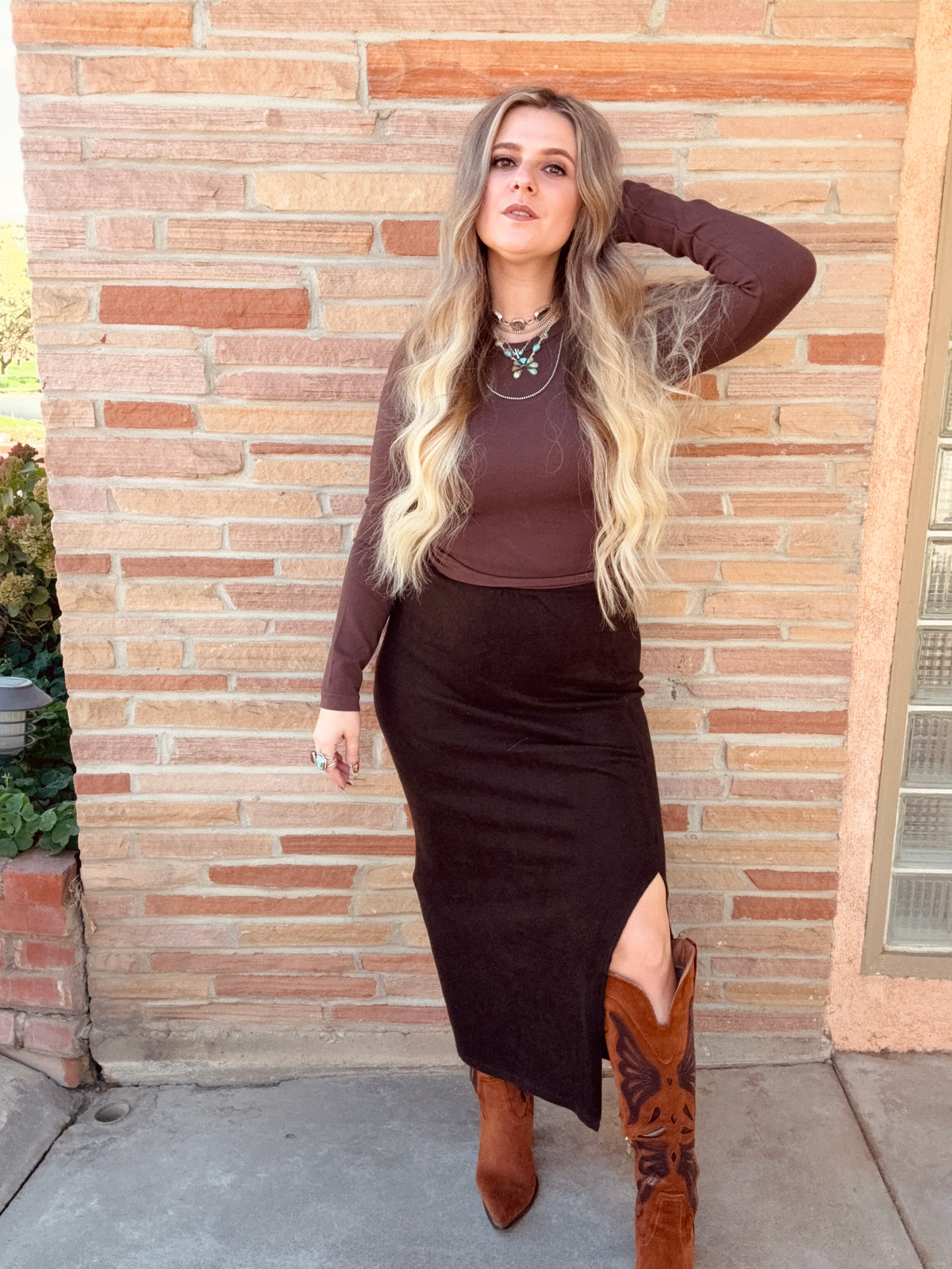 Brown Elastic Waist Brushed Knit Midi Skirt with Side Slit